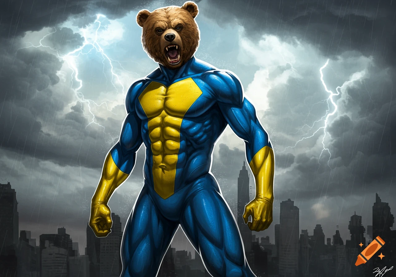 A muscular superhero with a brown bear head, wearing a blue and yellow spandex suit, stands in a stormy city with lightning.