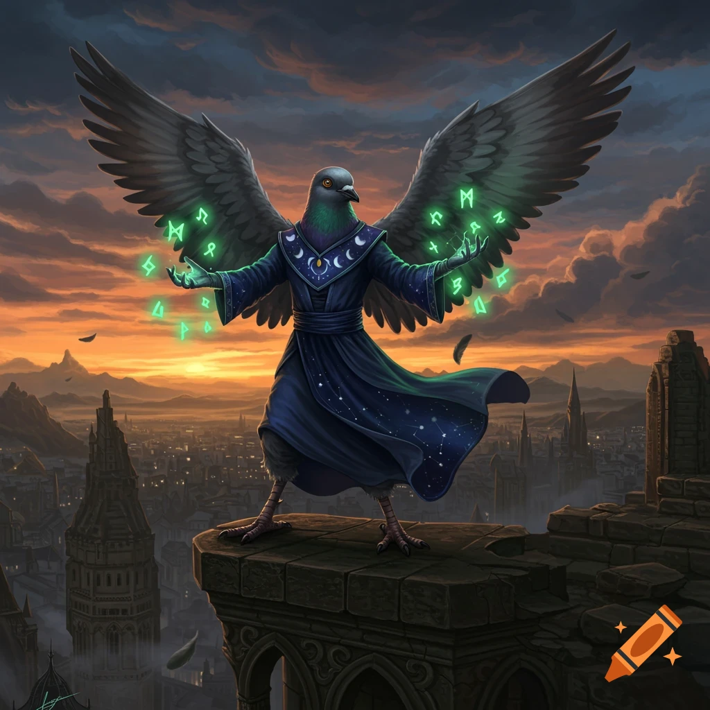 A pigeon-headed warlock with large wings and a starry blue robe casts green glowing runes over a city at sunset.