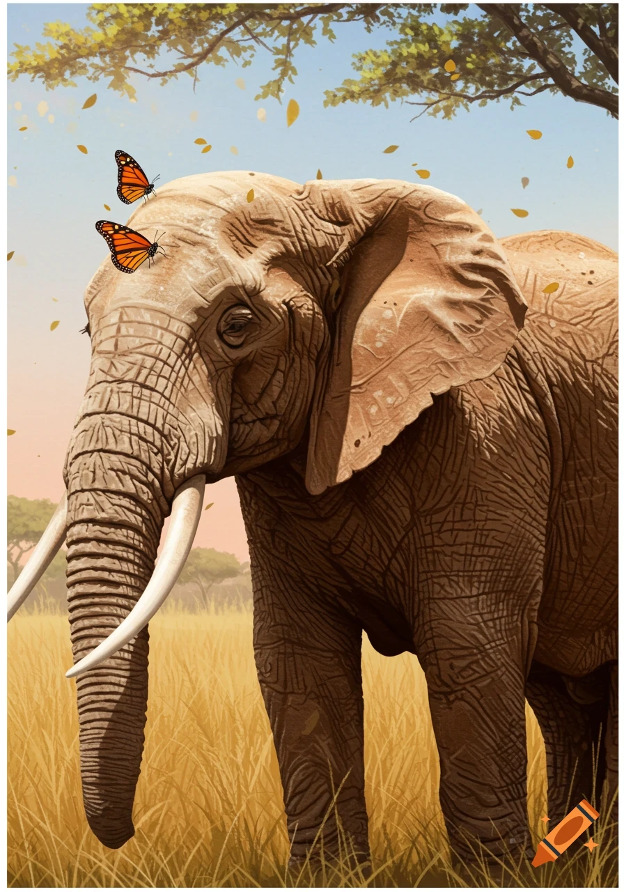 An illustrative close-up of an elephant with two monarch butterflies on its head in a golden savanna, with trees and falling leaves.