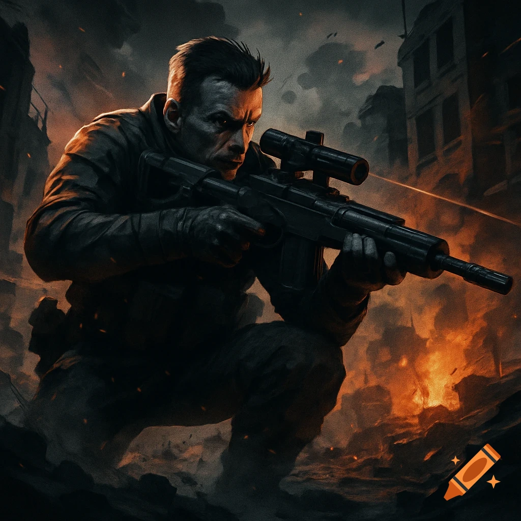 A soldier with a sniper rifle kneels in a burning, war-torn city, digital art.