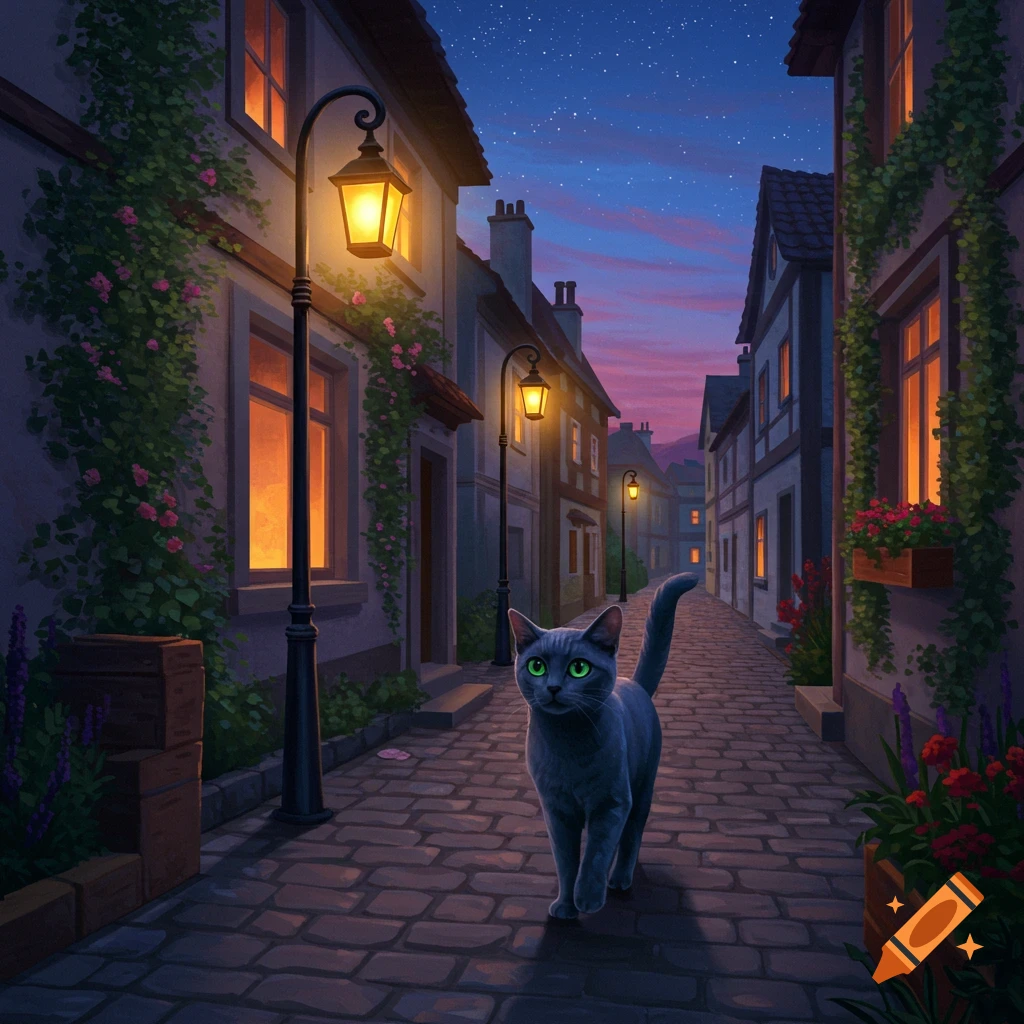 A grey cat with glowing green eyes walks down a cobbled street lined with old European-style buildings, lit by streetlamps and glowing windows at dusk.