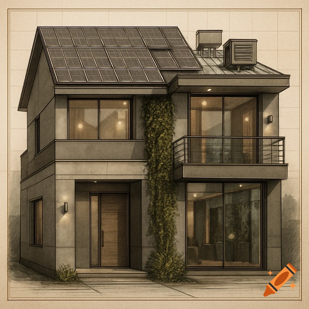 Detailed architectural sketch of a modern two-story house with solar panels, a balcony, and climbing vines.