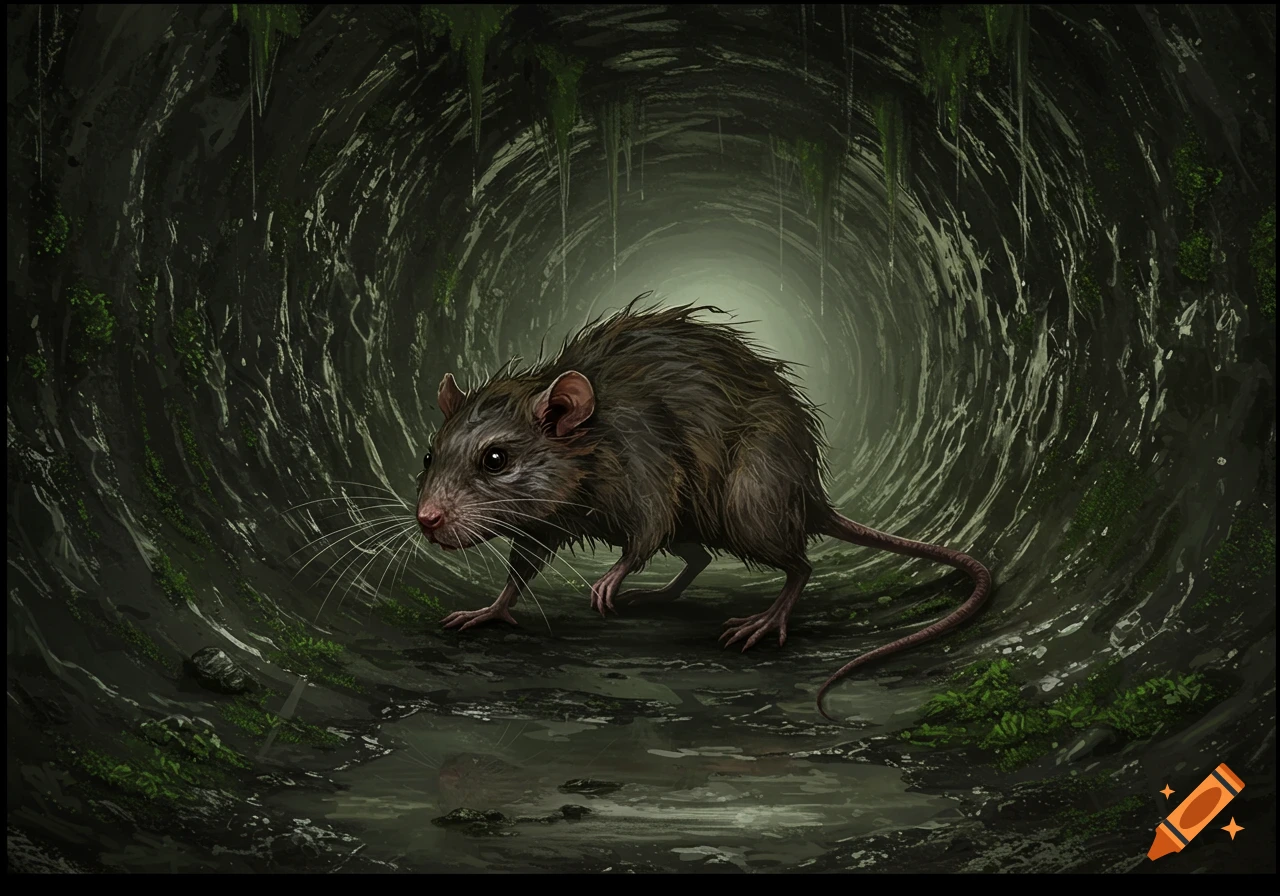 A detailed illustration of a rat with wet fur crawling through a dark, dirty, moss-covered tunnel.