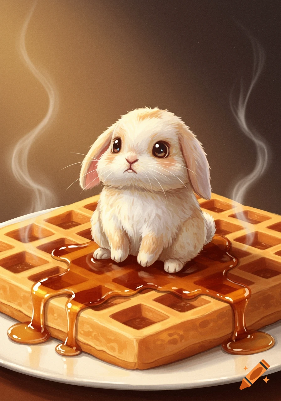 A cute, fluffy bunny with big eyes sits on a warm waffle covered in maple syrup, with steam rising in the background.