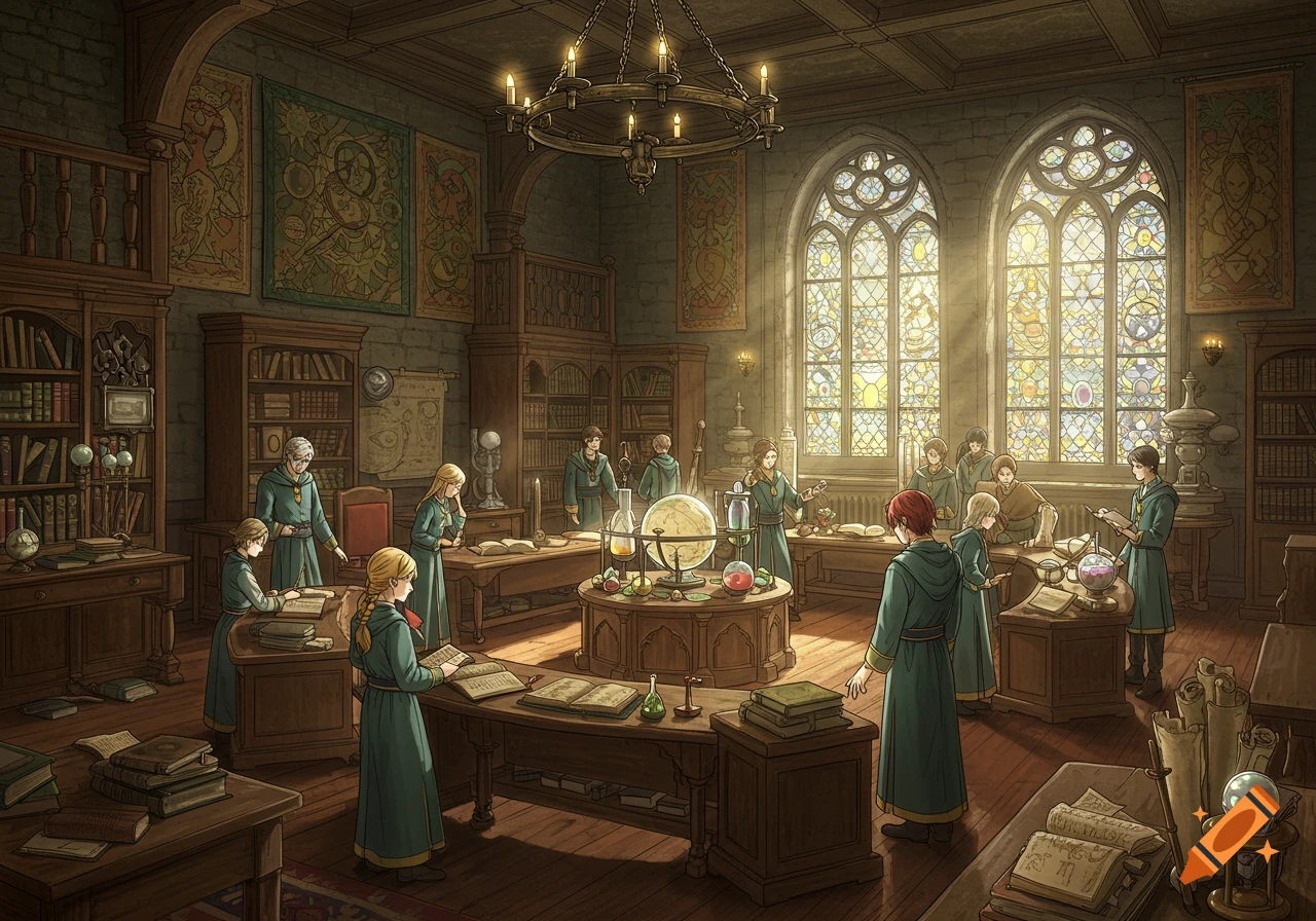 Students and a teacher in a grand, old-fashioned fantasy classroom with tall stained-glass windows, bookshelves, and scientific instruments, in a manhwa art style.