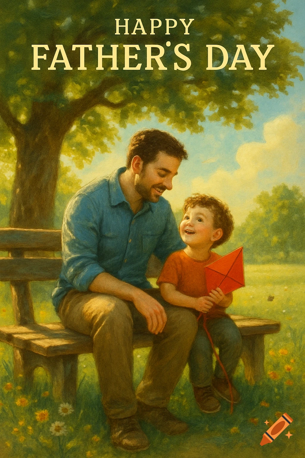 Painterly illustration of a father and son on a bench in a park, smiling, with a red kite and 'HAPPY FATHER'S DAY' text.