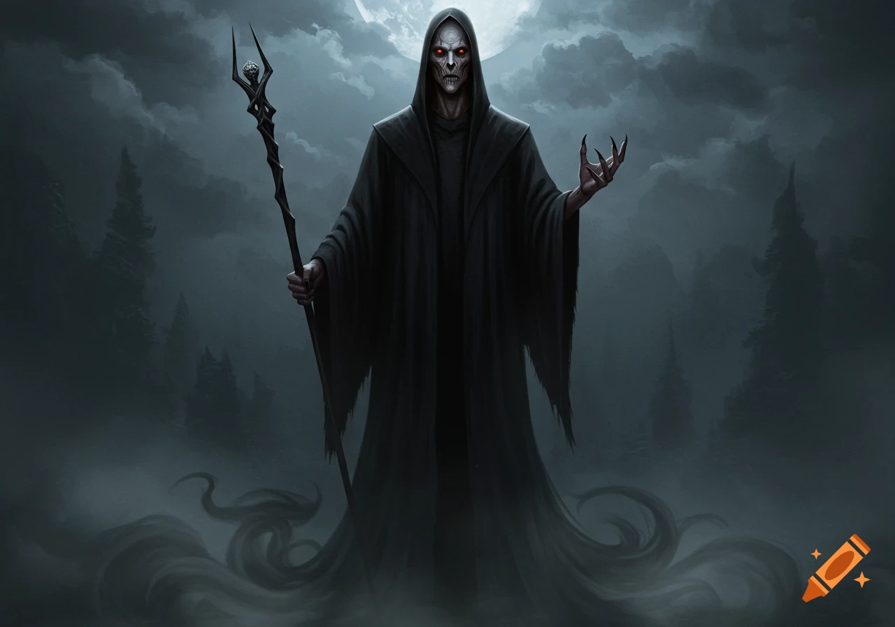 A gaunt, pale robed figure with red eyes and long claws holds a staff in a dark, misty forest under a full moon. Dark fantasy illustration.