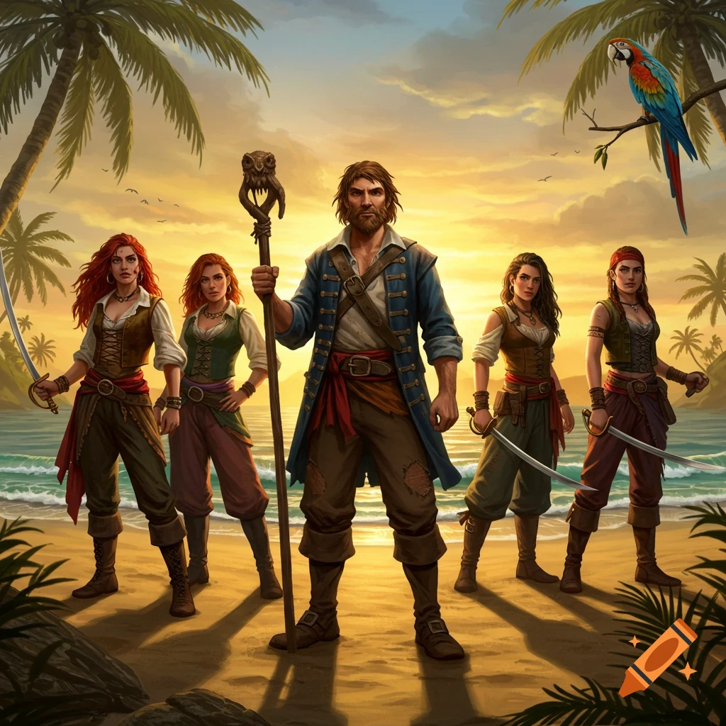 Five pirates, one man with a staff and four women with swords, stand on a tropical beach at sunset with palm trees and a parrot.