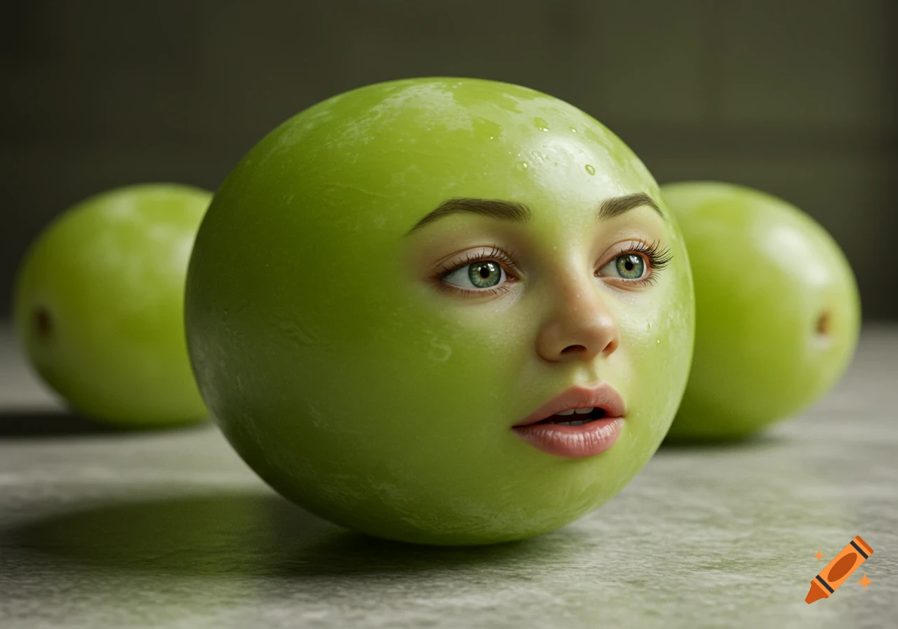 Photorealistic green grape with a detailed human face, including eyes, nose, and lips, covered in water droplets.