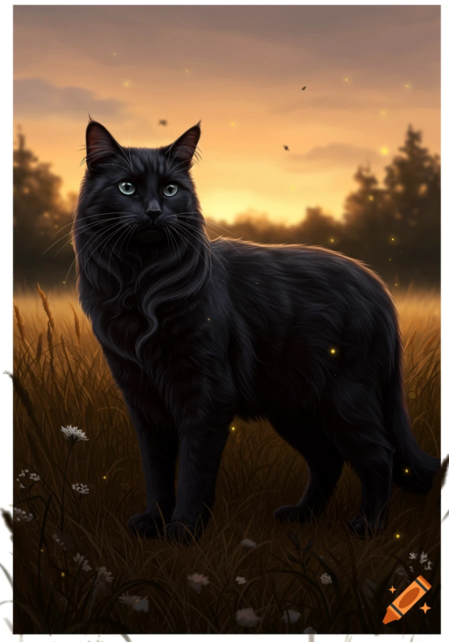 An elegant black cat with green eyes stands in a golden field at sunset, depicted in a digital painting style.