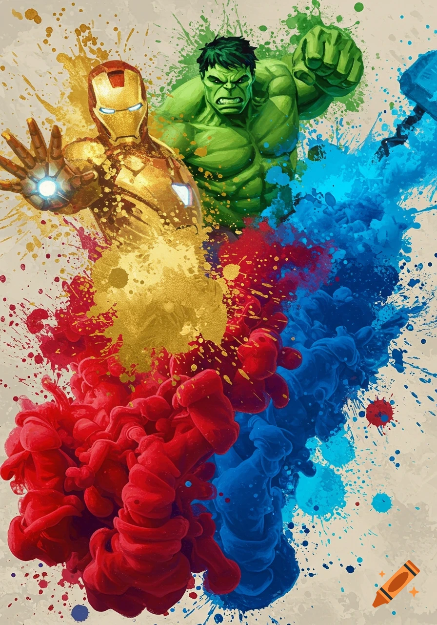 Stylized illustration of Iron Man and Hulk emerging from vibrant red, green, and blue ink splashes, with Thor's hammer.