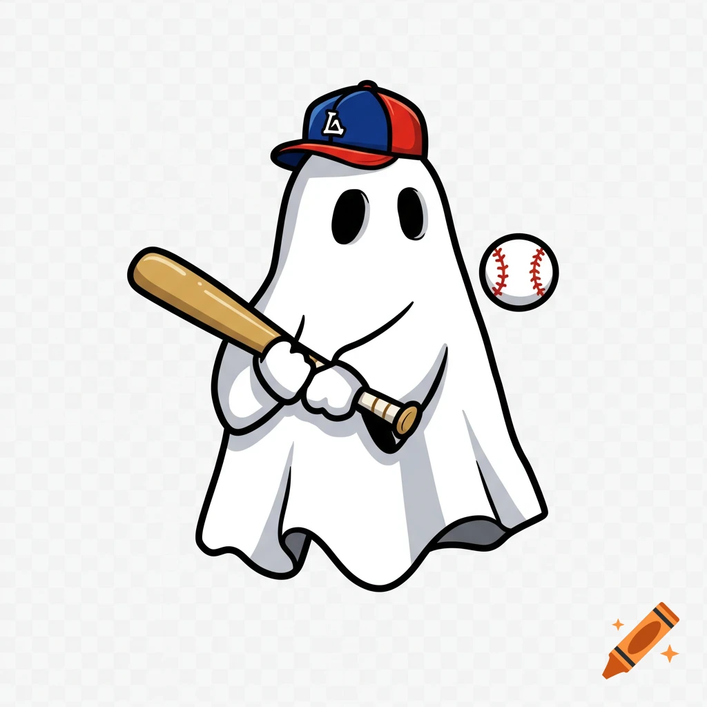 A cartoon white sheet ghost wearing a blue and red baseball cap, holding a baseball bat, with a baseball floating beside it. Vector art on a transparent background.