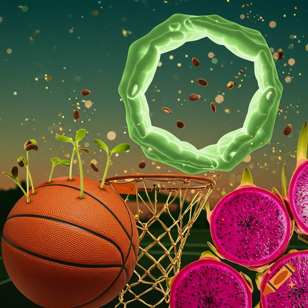 A surreal composition with a basketball sprouting plants, a hoop, sliced dragon fruit, and a glowing green circle of hands.