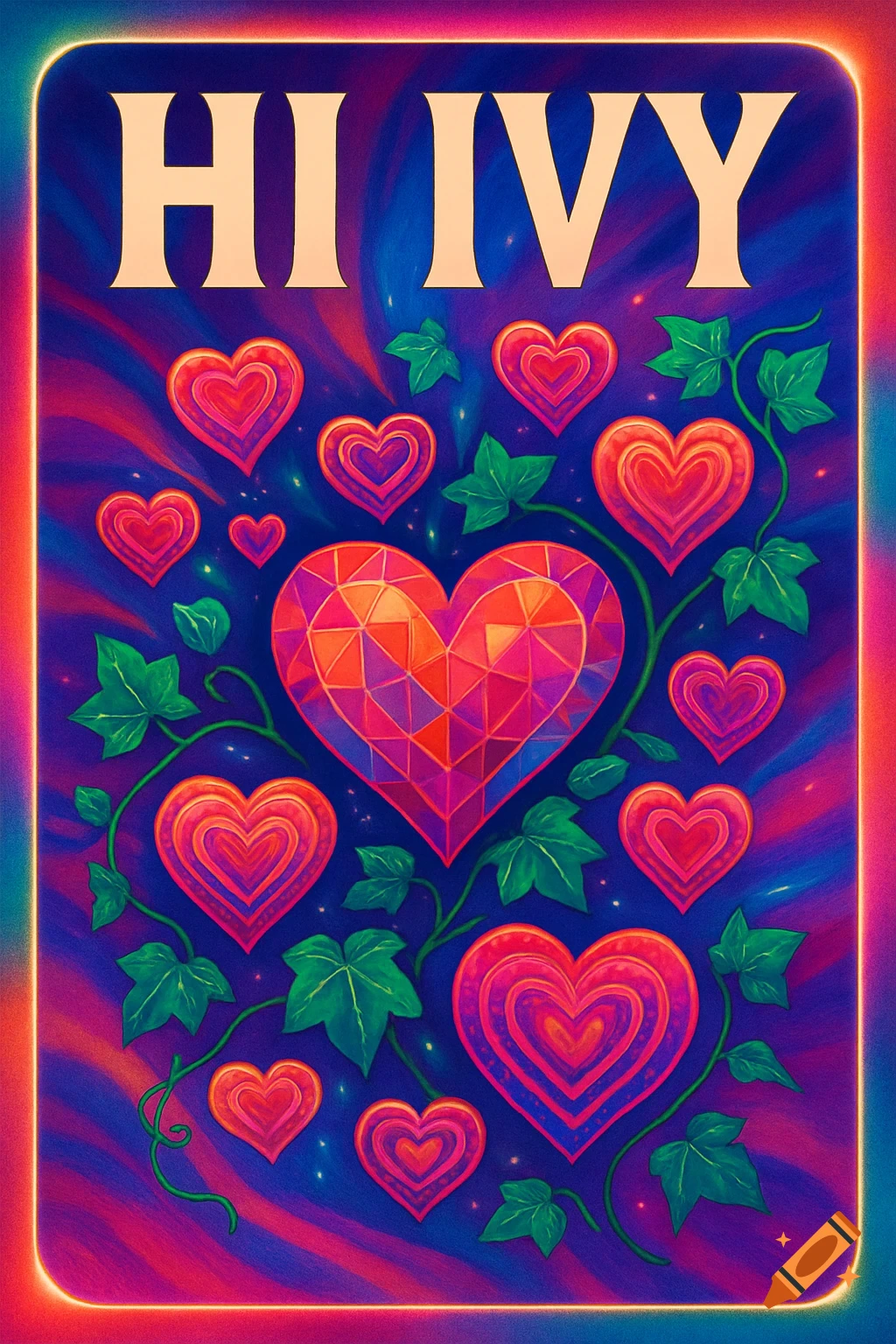 Vibrant poster with 'HI IVY' text at the top, surrounded by numerous stylized red and pink hearts of various sizes, some geometric, intertwined with green ivy on a swirling purple and blue background.