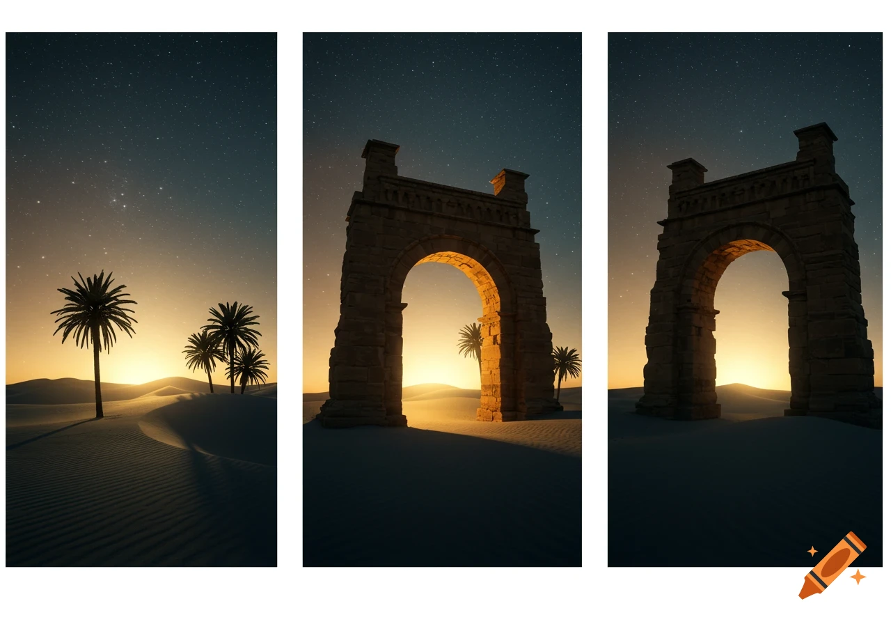Three panels show a desert at dusk with ancient arches and palm trees under a starry sky.