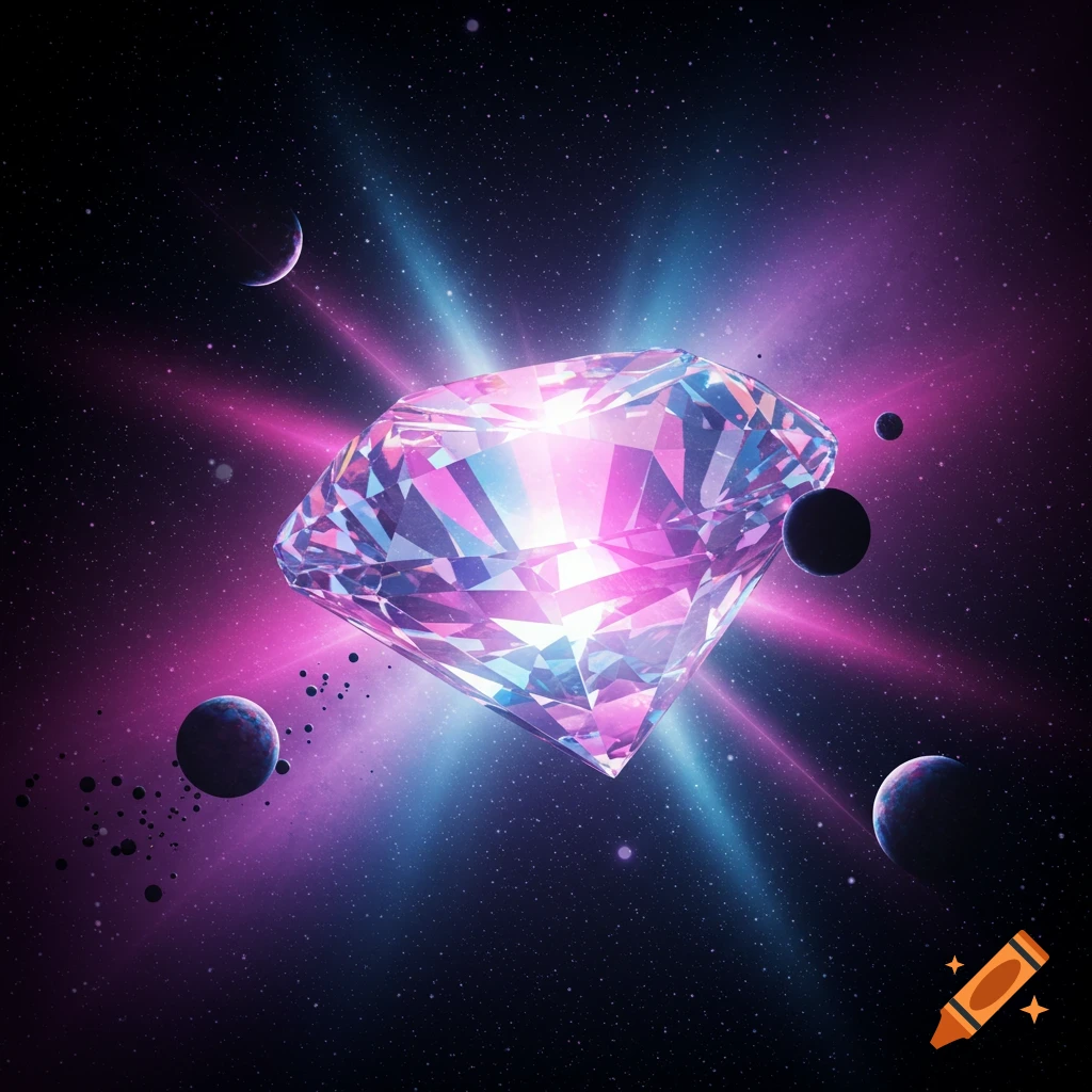 A glittering, multi-faceted diamond floats in deep space, surrounded by planets, stars, and bright pink and blue cosmic light.