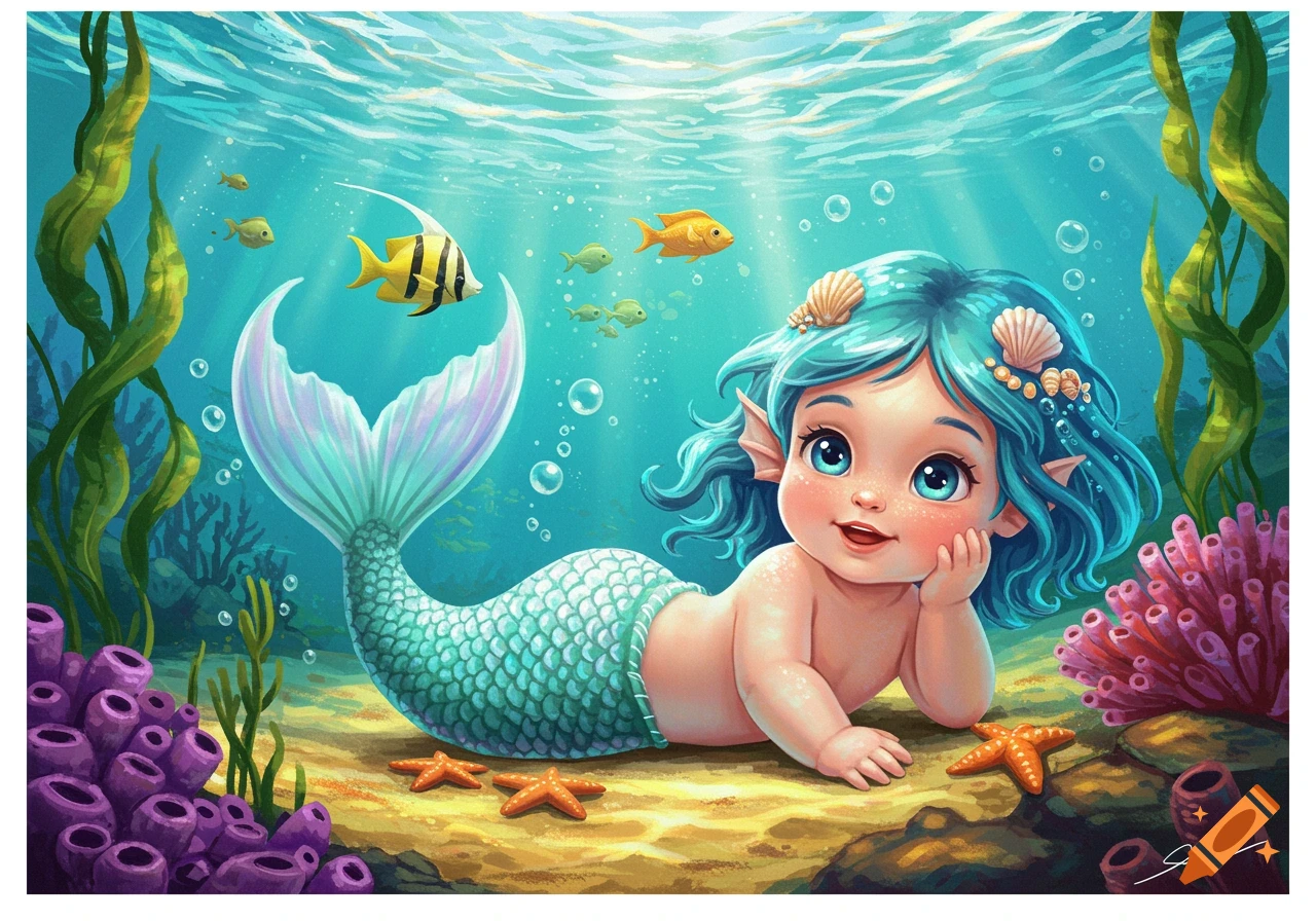 Cute cartoon baby mermaid with blue hair and a turquoise tail on the ocean floor, surrounded by fish and coral.