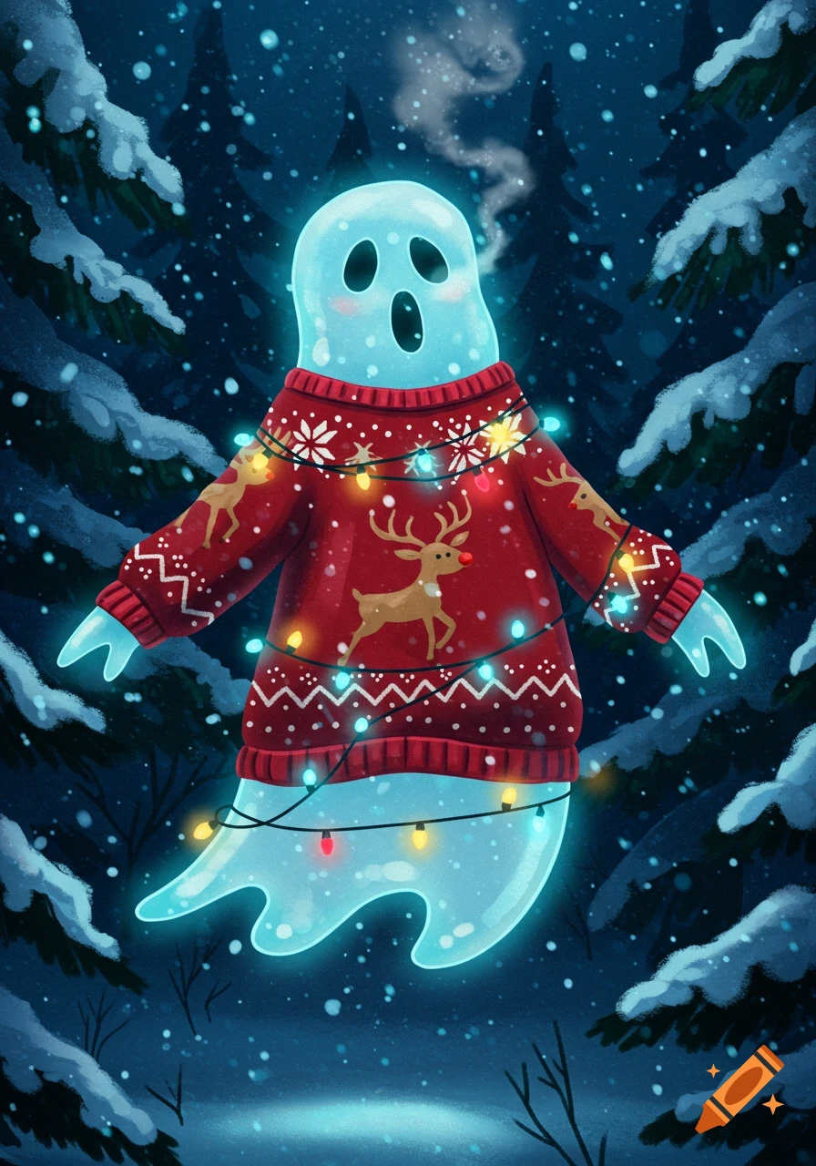 A cute, glowing blue ghost wearing a festive red ugly Christmas sweater adorned with deer and snowflakes, wrapped in colorful string lights, floats in a snowy forest at night.