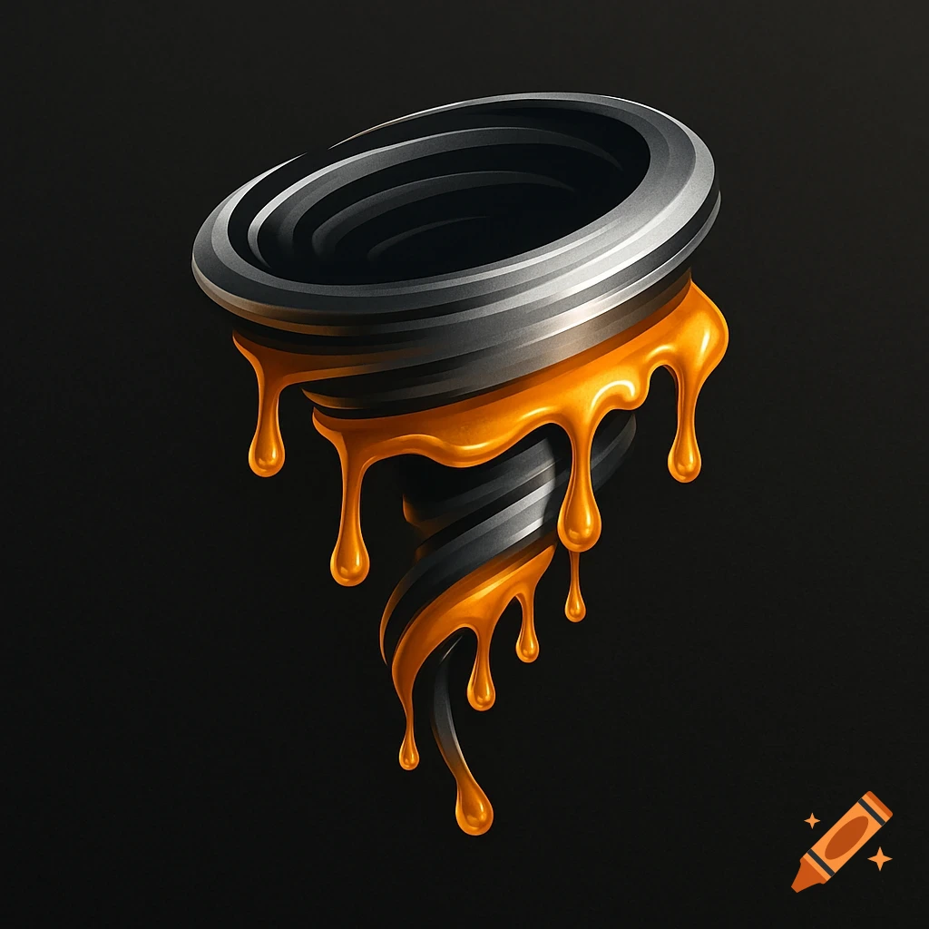 A stylized black and silver tornado shape with golden honey dripping down its sides, on a dark background.
