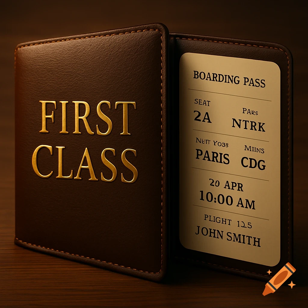 A luxurious brown leather wallet-like case with 'FIRST CLASS' in gold lettering, open to reveal a boarding pass with flight details.