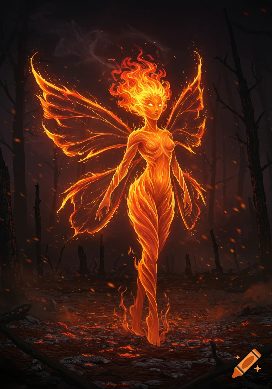 A glowing fire fairy with fiery hair and wings stands in a dark, burnt forest, casting an orange glow.