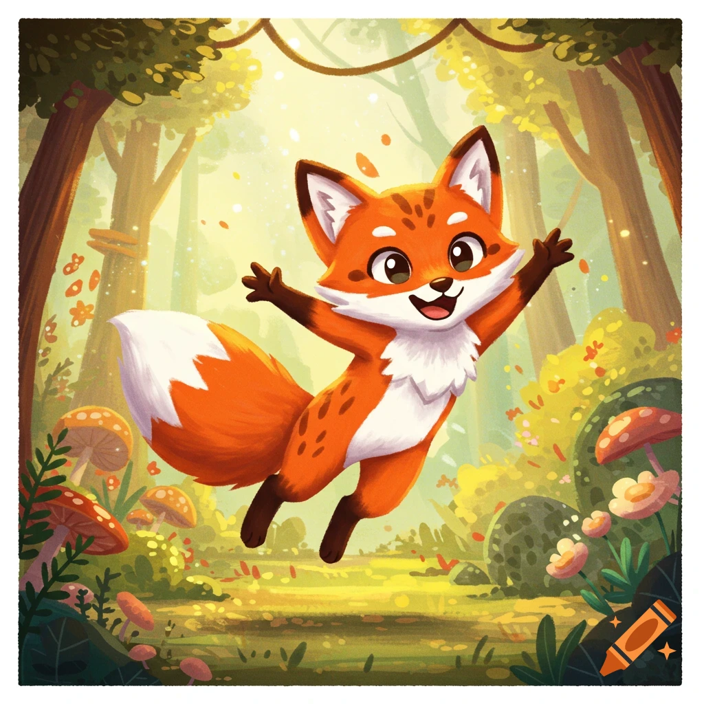 A cheerful cartoon fox jumps with arms outstretched in a bright, lush forest with mushrooms.