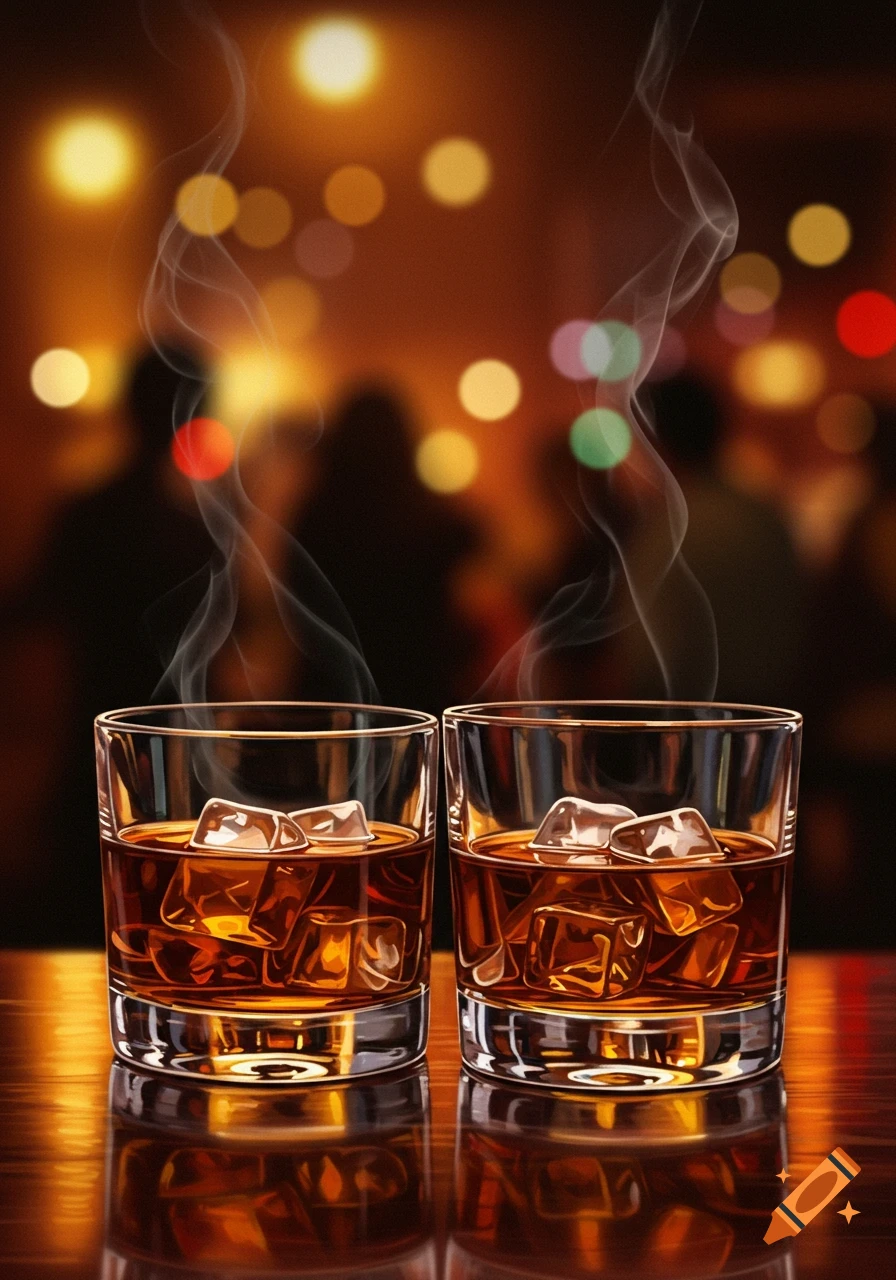 Two glasses of bourbon with ice and steam on a reflective bar, blurred patrons and warm lights in the background.