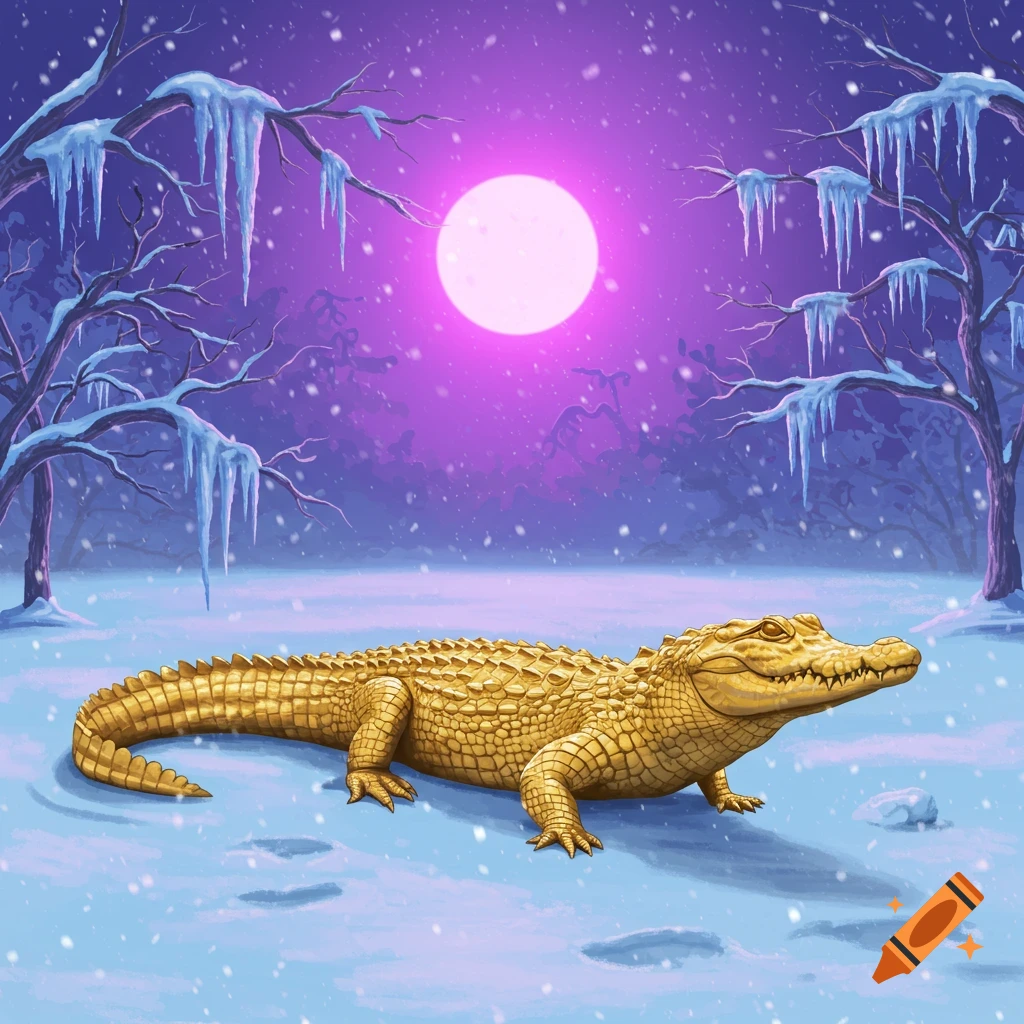 A golden crocodile rests in a snowy winter landscape under a bright purple moon, with icy trees around.