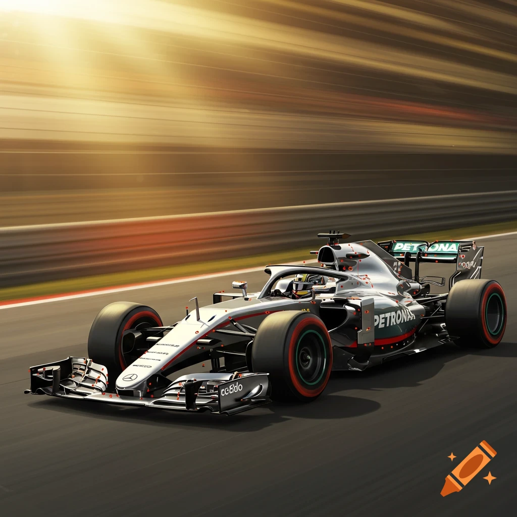 A photorealistic silver and black Formula 1 race car speeds around a track at sunset, with motion blur in the background.