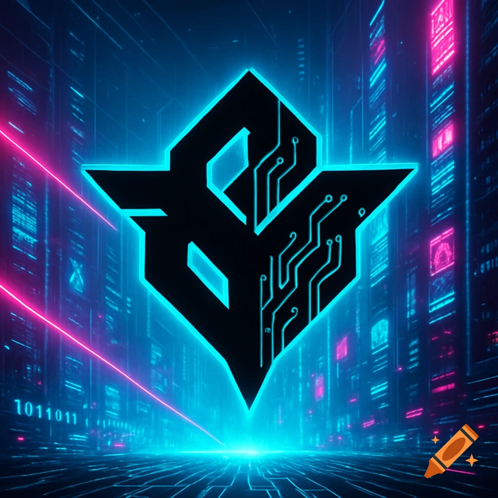 A glowing neon blue and black futuristic logo with circuit patterns, set against a dark, neon-lit cyberpunk city background with pink and blue light trails.