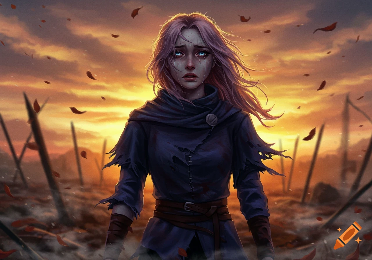 Digital painting of a crying woman with pink hair and tattered blue clothes standing in a desolate, sunset-lit landscape with falling leaves.