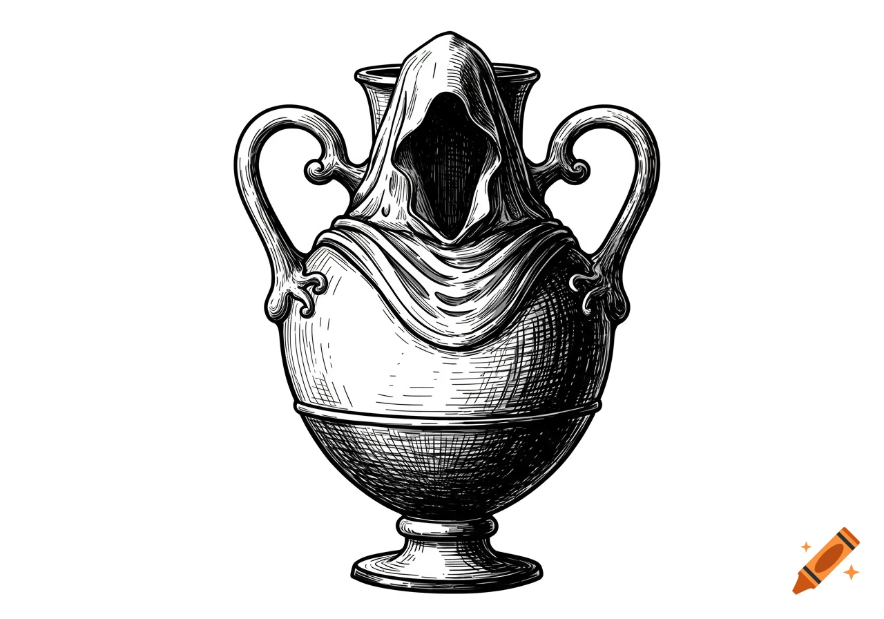 Black and white line drawing of a gothic vessel with a hooded cloak and two handles.