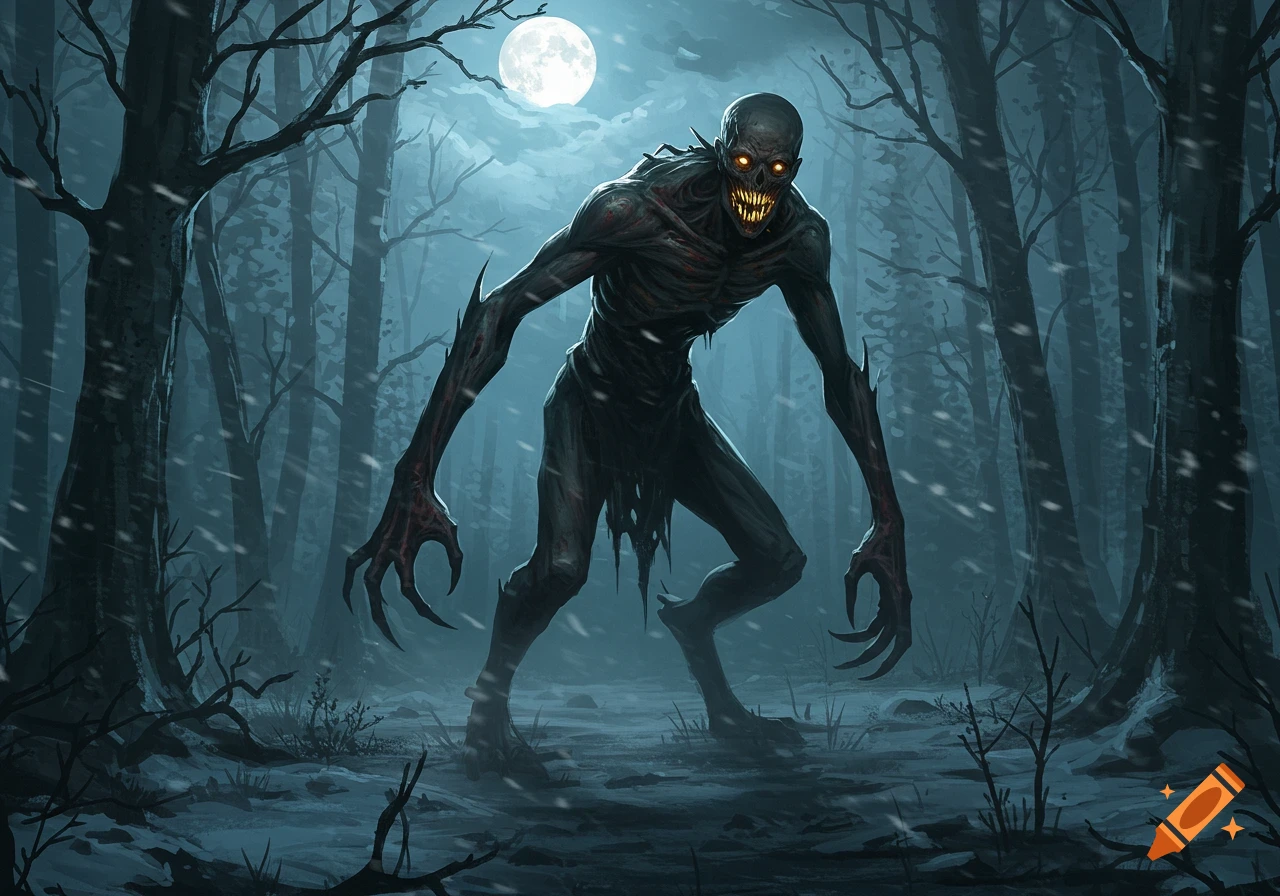 A menacing, skeletal monster with glowing eyes and sharp teeth stands in a dark, snowy forest under a full moon, in a digital painting style.