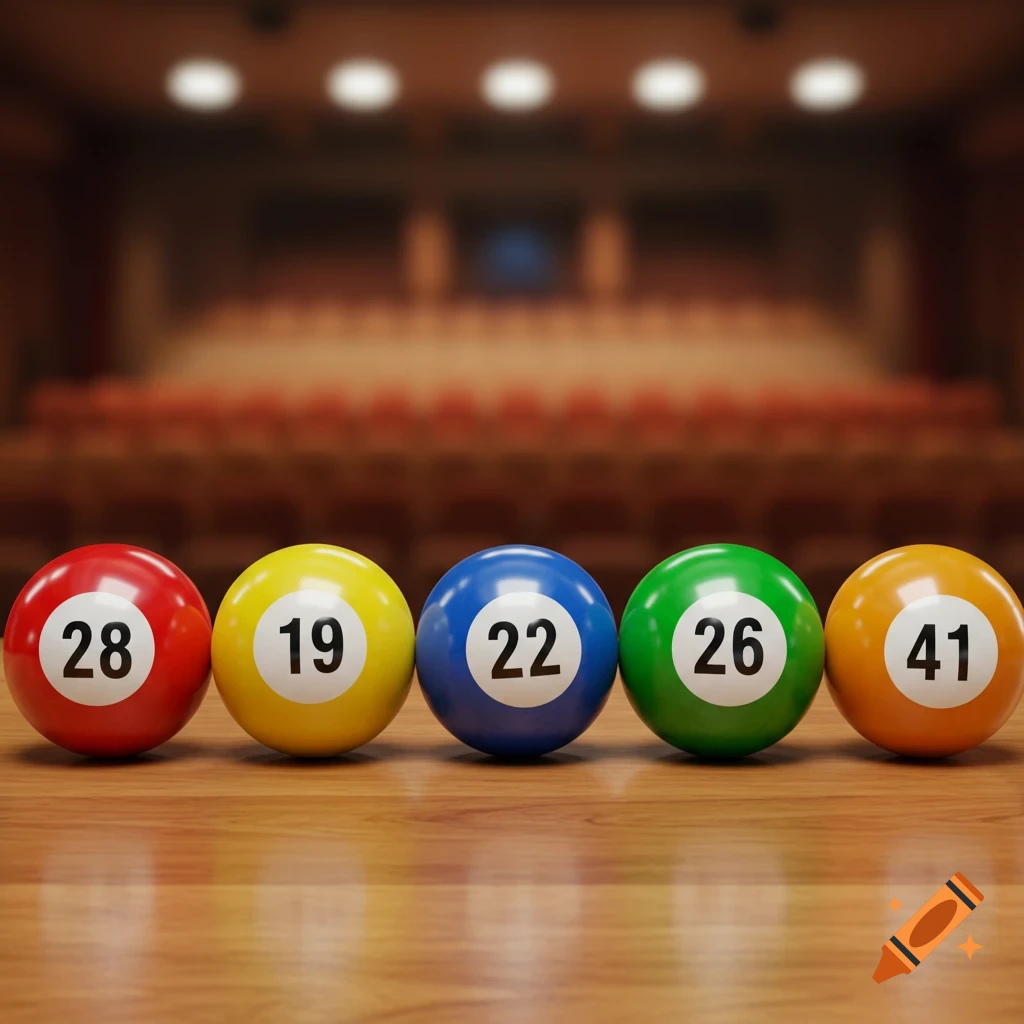 Five colorful bingo balls with numbers (28, 19, 22, 26, 41) on a wooden table, against a blurred auditorium background.