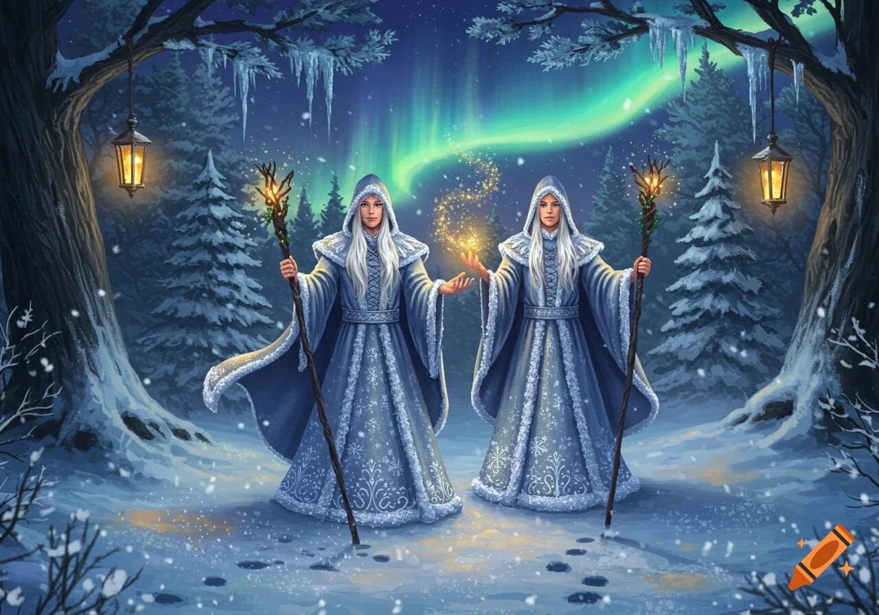 Two white-haired mages in blue robes hold staffs in a snowy forest under the northern lights, one conjuring magic.