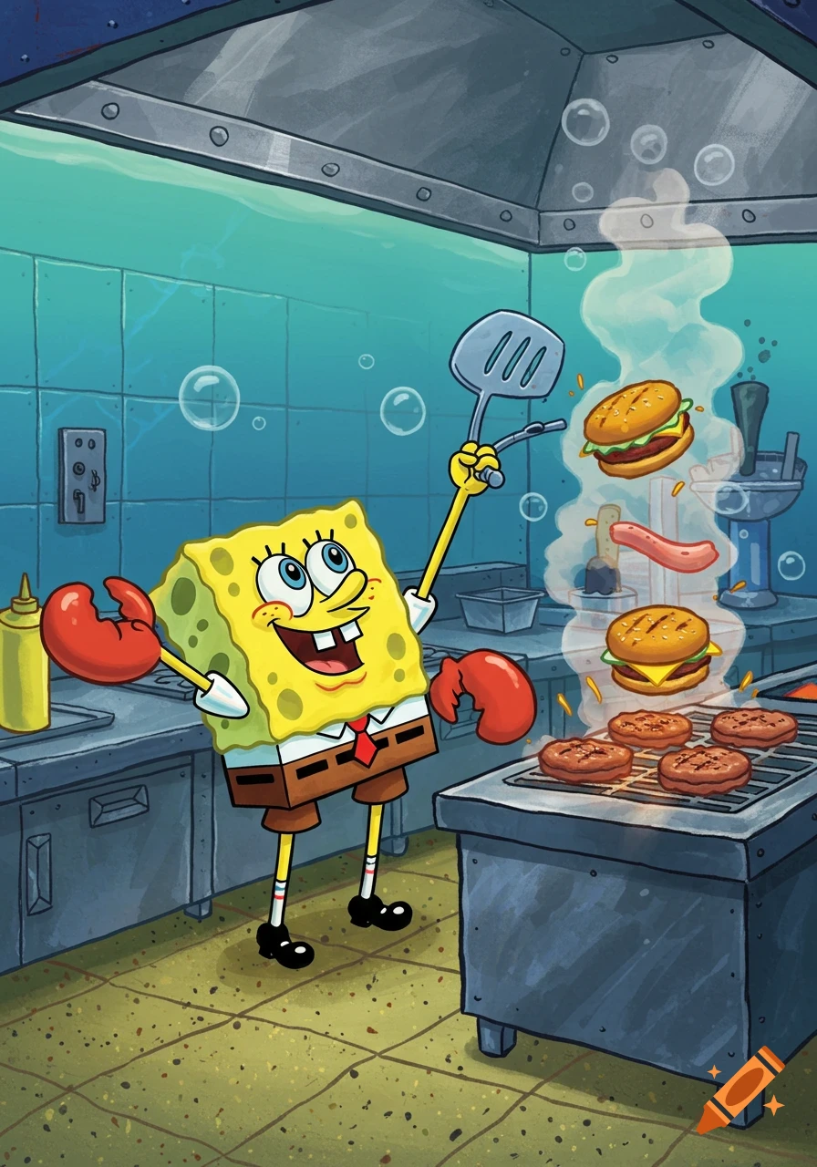 Cartoon Spongebob Squarepants happily cooks Krabby Patties on a grill in his underwater kitchen.
