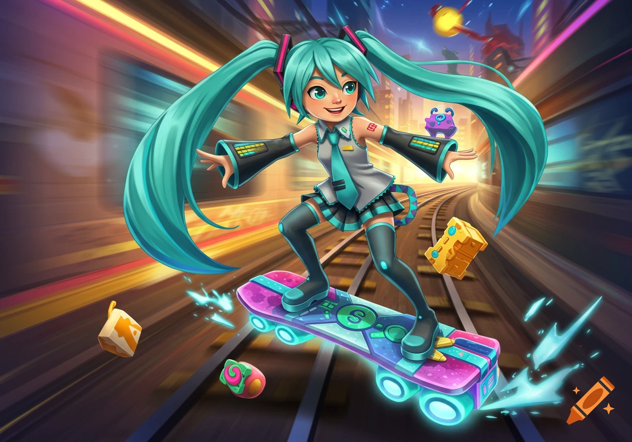 Hatsune Miku with teal pigtails skateboarding on a glowing board over subway tracks with motion blur, in a vibrant cartoon style.