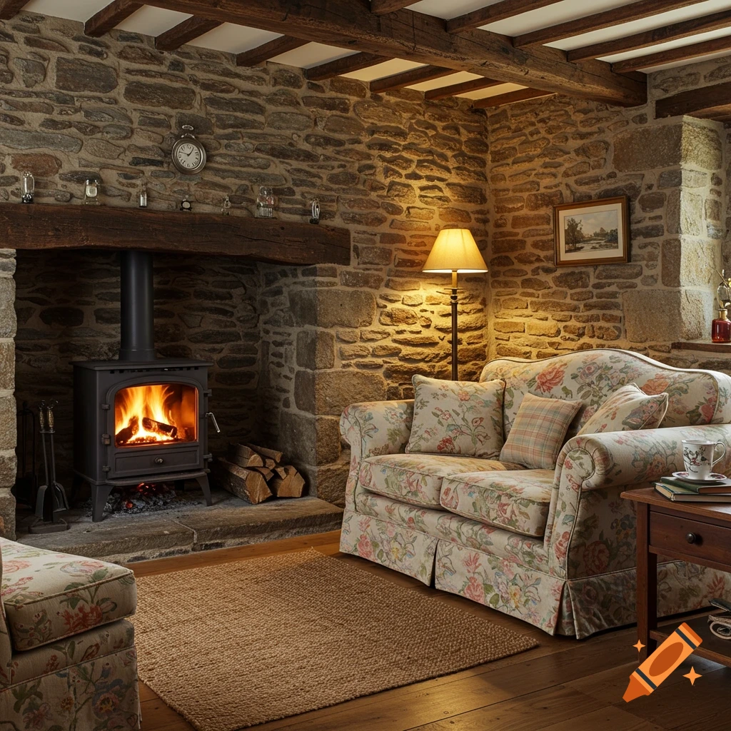 Cozy, rustic living room in a stone cottage with a lit wood-burning stove and floral sofa, warm lighting.