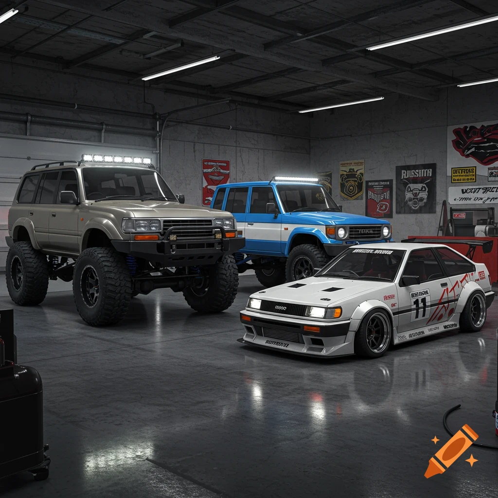 A dream garage featuring three highly modified Toyota vehicles: a beige Land Cruiser 80 series, a blue Land Cruiser FJ, and a white Toyota AE86 drift car. The garage has concrete walls and fluorescent lighting, with various posters on the back wall.