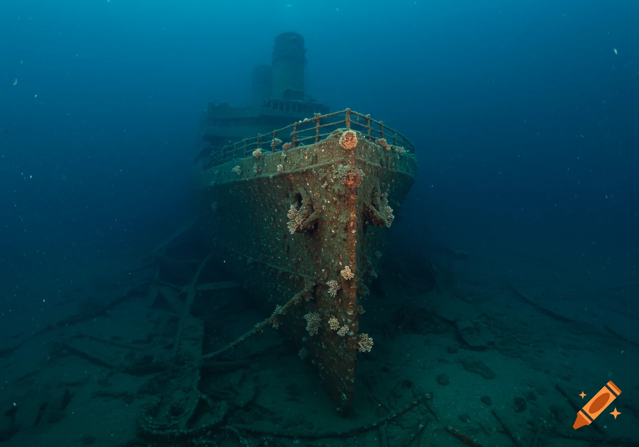 Photorealistic view of a large, rusty shipwreck covered in coral on the dark ocean floor.