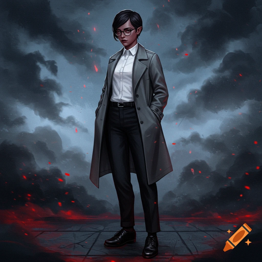 A full-body illustration of a woman with short black hair and glasses, wearing a gray trench coat, white shirt, black pants, and shoes, standing against a dark, stormy sky with red embers.