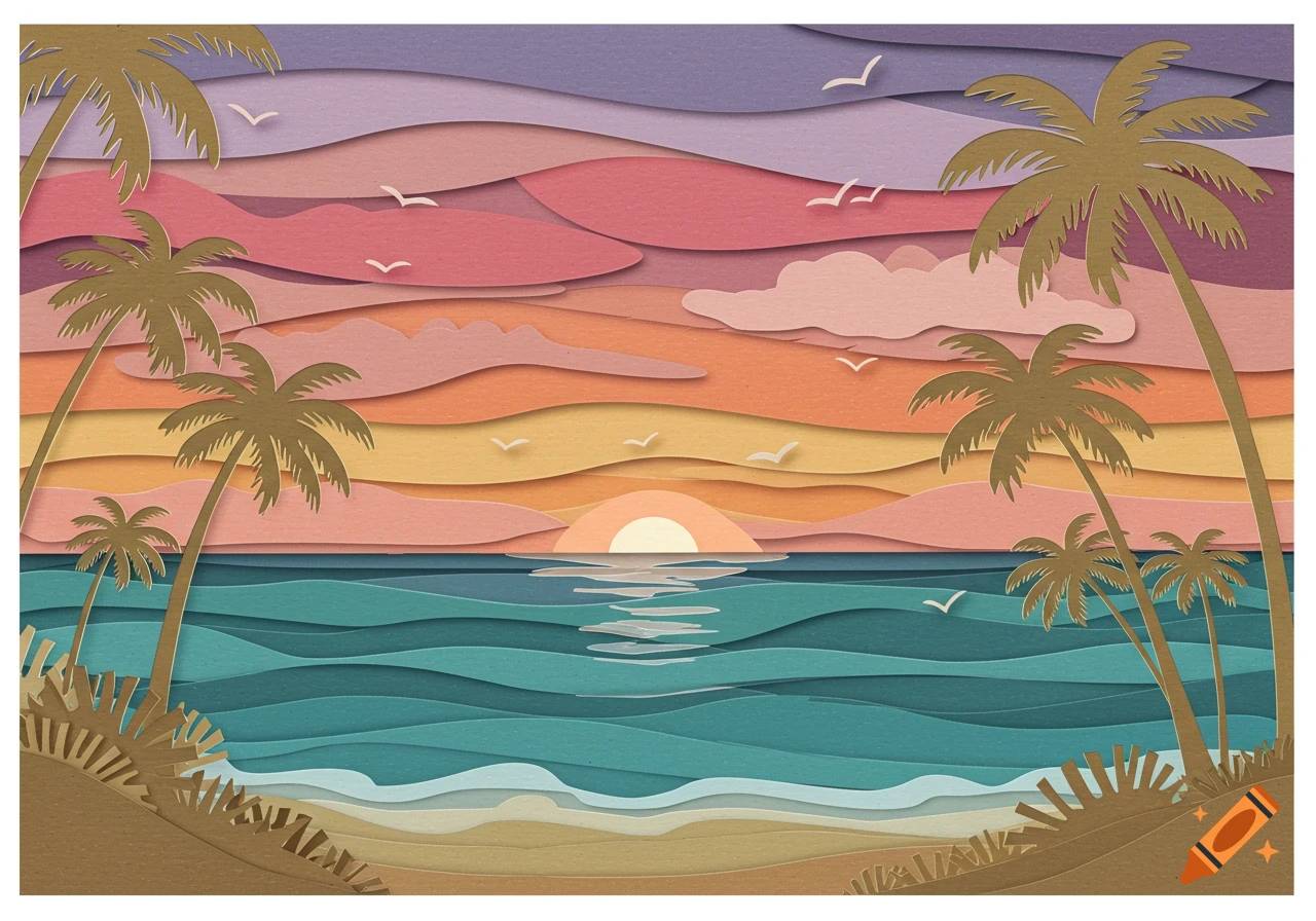 Ethereal paper art illustration of a sunset over the ocean with palm trees on a beach.