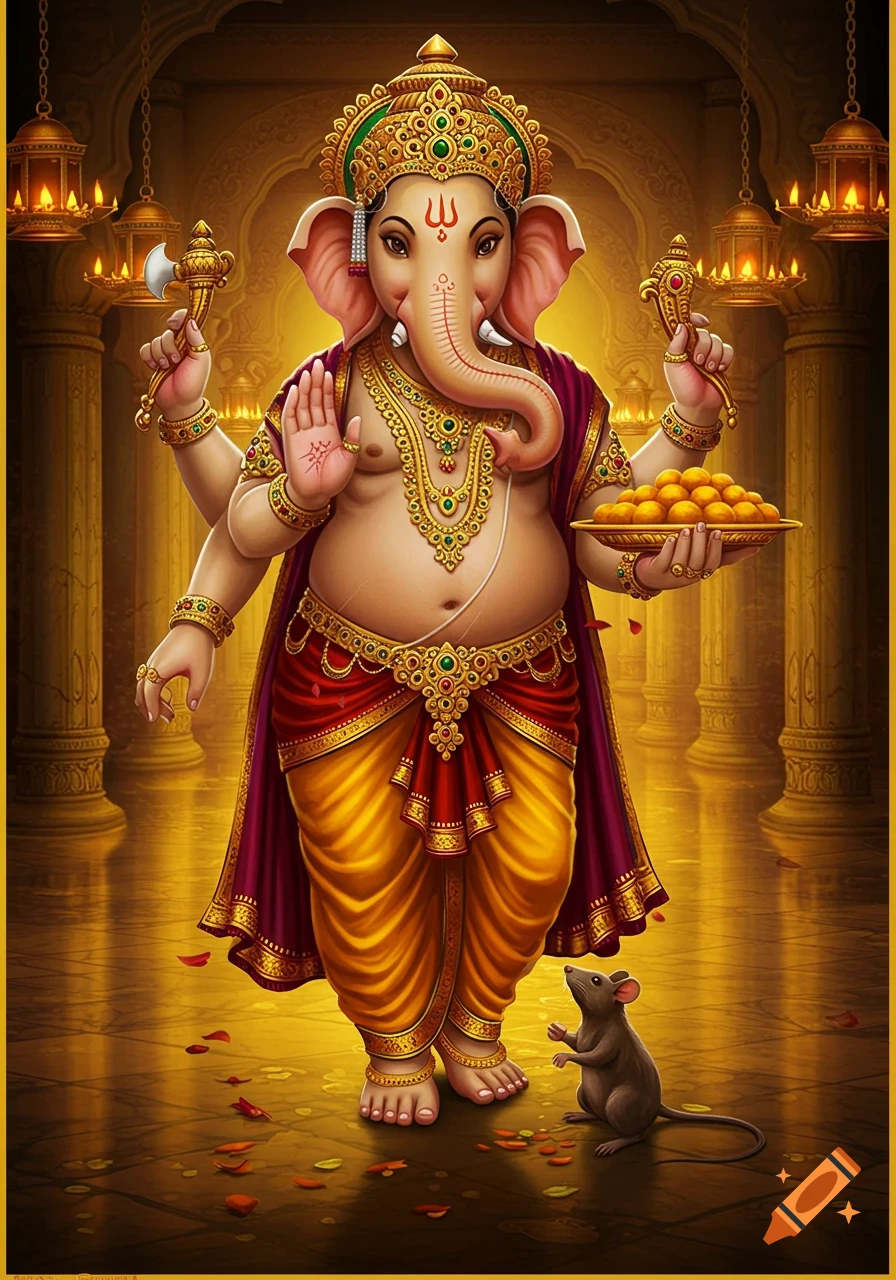 Ornate illustration of Lord Ganesha standing in a golden temple, holding offerings, with a mouse at his feet.
