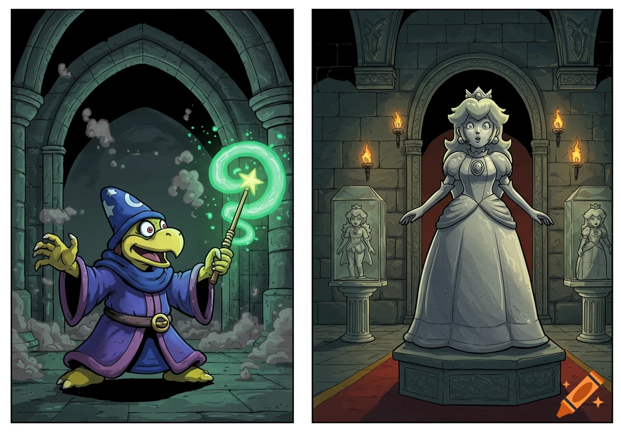 Comic book art of Kamek casting a spell and a surprised Princess Peach statue in Bowser's Castle.