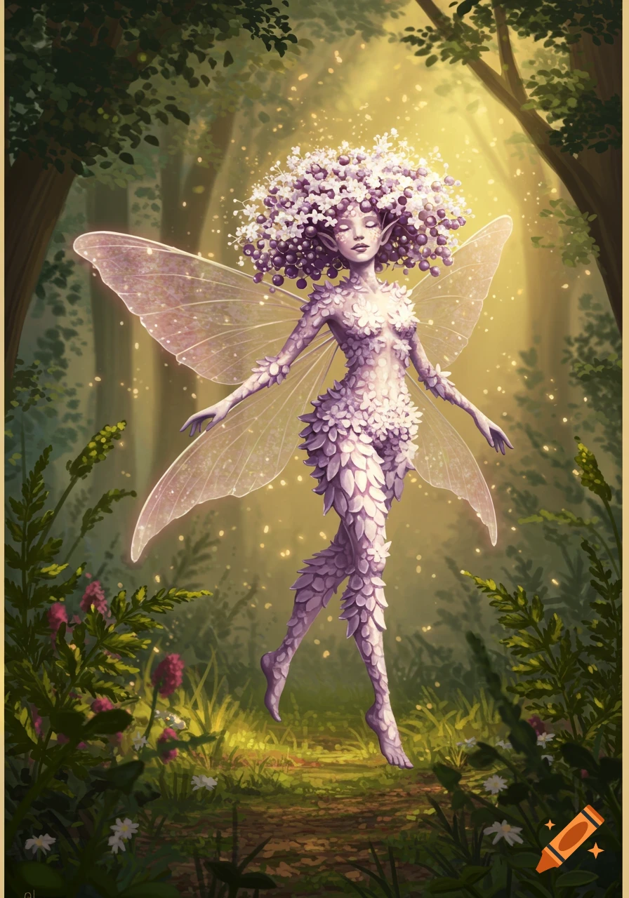 A beautiful elderberry flower fairy with translucent wings walks through a sunlit forest.