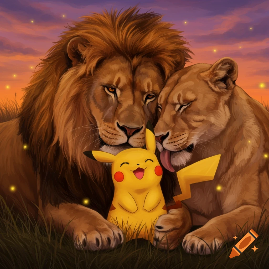 A majestic lion and a lioness licking a smiling Pikachu, nestled in green grass under a vibrant orange and purple sunset sky.
