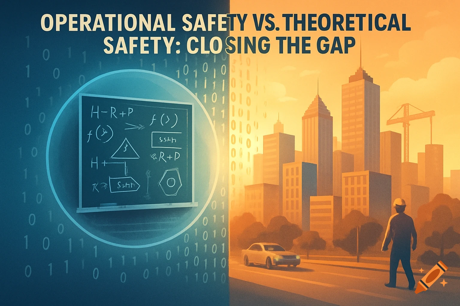 Split image showing 'OPERATIONAL SAFETY VS. THEORETICAL SAFETY: CLOSING THE GAP' title. Left: binary code, chalkboard diagram. Right: city, worker, car.