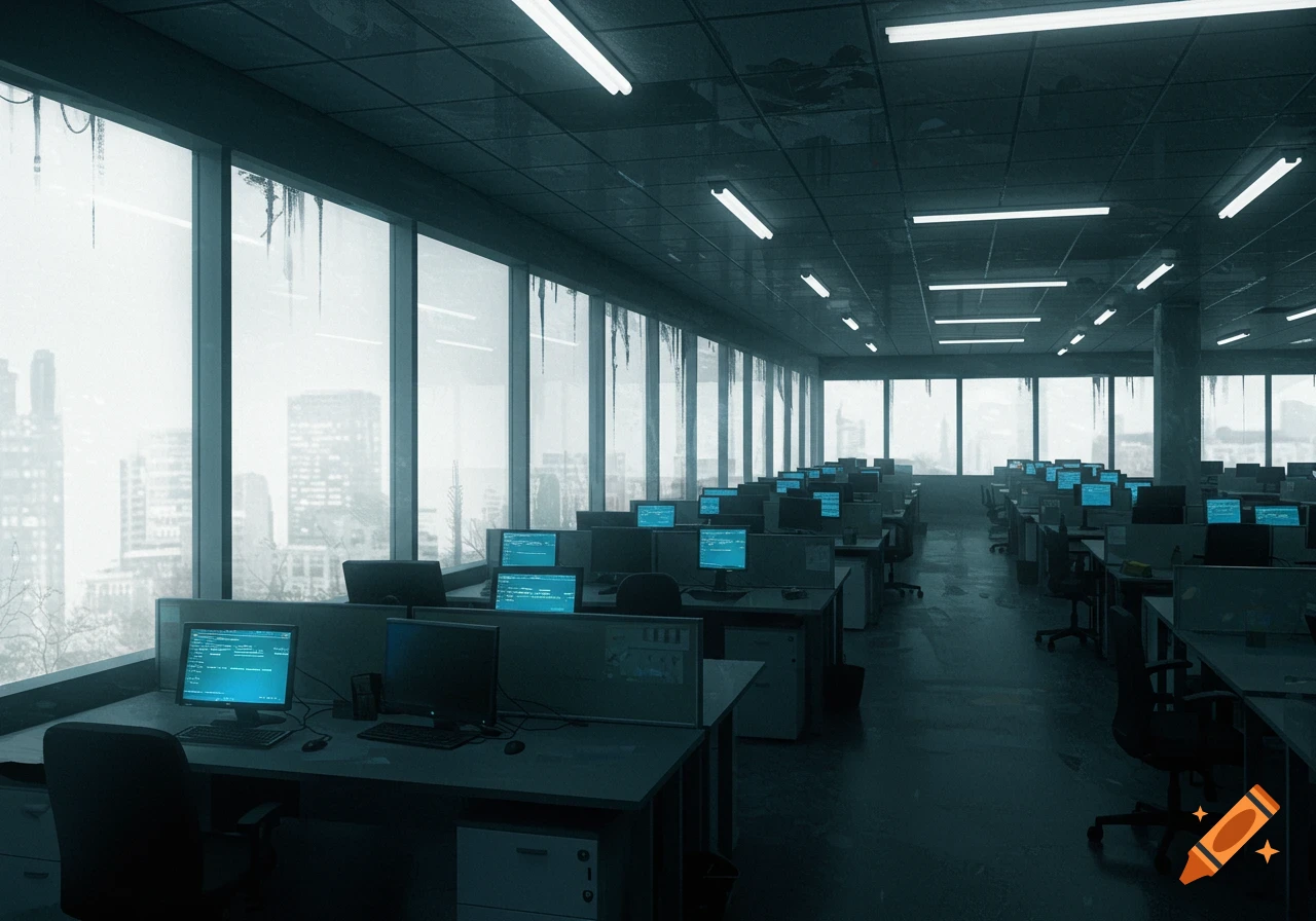 A bleak, abandoned office with rows of desks, glowing computer screens, and large windows revealing a grey cityscape.