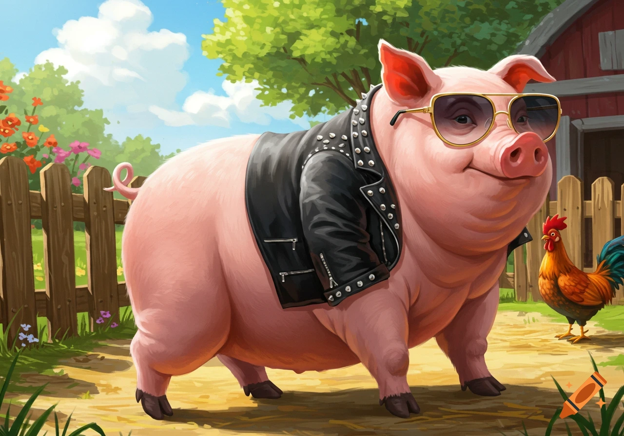 A cool cartoon pig wearing a studded black leather jacket and aviator sunglasses, standing on a farm path next to a rooster with a barn and fence in the background.