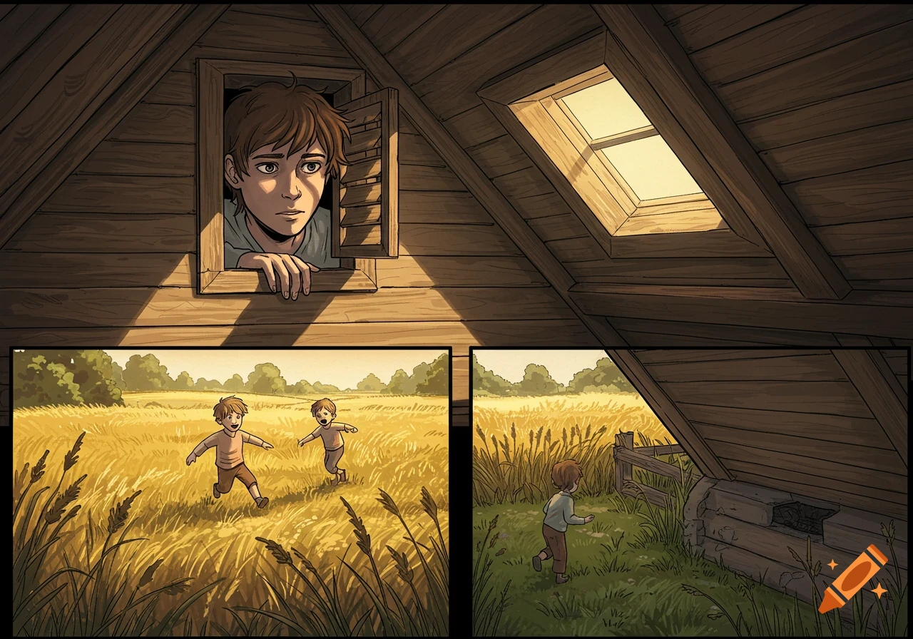 Comic illustration of a boy looking out an attic window at two younger boys playing in a sunny golden field.